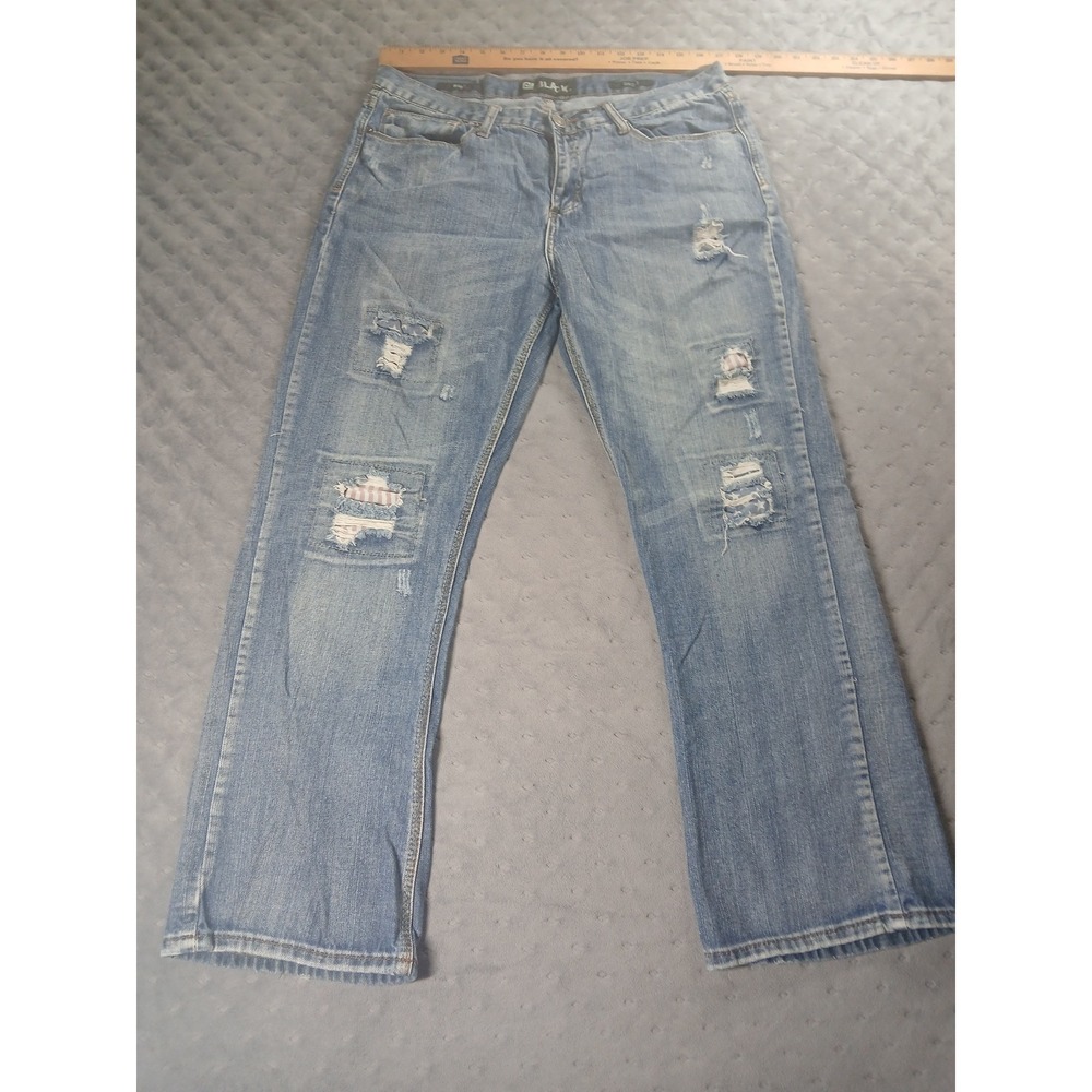 Rue21 Black Bootcut Jeans Mens 34x30 Distressed Patriotic Patch Medium Wash